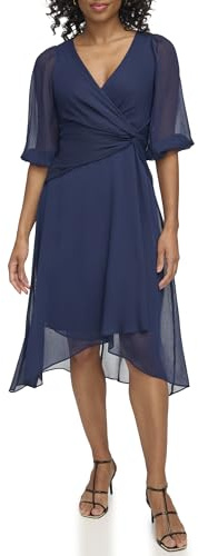 DKNY Damen Chiffon 3/4 Ärmel Faux Wrap Kleid, Midnight NVY, 38