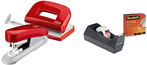 Novus Schreibtisch Set (Heftgerät E 15 mit Locher E 210, inkl. 1000 Heftklammern No. 10) rot & Scotch C38 Tischabroller schwarz + Scotch Crystal Klebeband, 1 Rolle, 19 mm x 10 m