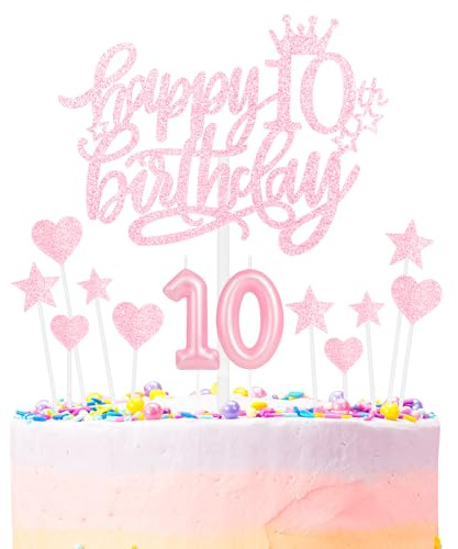 mciskin Juego de velas de feliz cumpleaños número 10 para tartas, velas número 10 para pasteles, velas de fiesta de cumpleaños, velas de pastel de cumpleaños rosa claro, velas de corazón y estrella