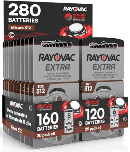280 Rayovac Extra Size 312 PR41 (Braun) Hörgerätebatterien - 20 Blister mit 8 und 20 Blister mit 6 Batterien