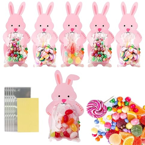 50 bolsas de dulces de Pascua, bolsas de celofán de conejo, bolsas de Pascua para caramelos de chocolate, dulces, bolsas autoadhesivas con pegatinas para decoraciones de Pascua