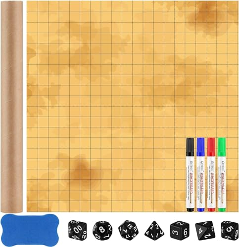 Dungeon Grid Game Mat 50x50cm Rpg Matte Trockenlöschmatte Würfel für DND Zubehör mit 4 Trocken Abwischbare Marker 1WhiteboardRadierer 7 Würfel für Kriegsspiele Brettspiele Accesorie