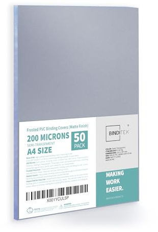 Binditek Paquete de 50 cubiertas de encuadernación de PVC esmerilado A4, 200 micras, mate, esquinas cuadradas, sin perforar