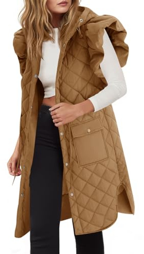 Tankaneo Womens Long Puffer Vest Ruffle Sleeve Winter Coats Hood Sleeveless Quilted Jackets Outwear