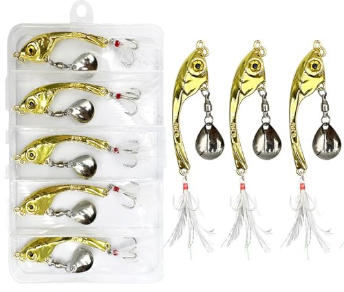 Yixinly 5 stycken jiggspinnare set 15 g i betesbox, fiske metallsked bete spinnare med huvud i bly för abborre gädda gös, fiskepresenter för män, fiskedrag för söt- och saltvatten (guld)