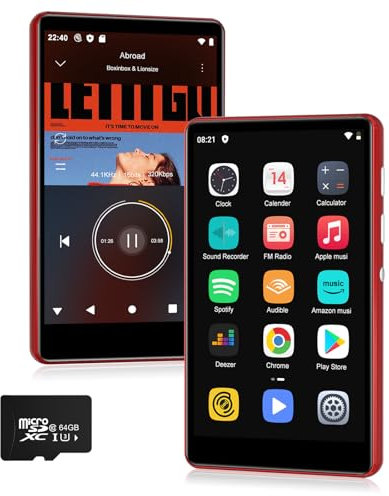 SWOFY M503Pro MP3 Player with Spotify Red,80GB MP3 Player with Bluetooth and WiFi，2000mAh MP4 Player with 4 Touchscreen, Android Music Player with Spotify Kids, Amazon Music, Play Store