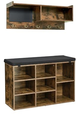 FinerFurnis Coat Rack Shoe Bench Set, 31.5 inches Industrial Entrance Organizer, Wall Mount Hall Tree with Bench, 5 Hooks, Storage Cubbies and Small Blackboard for Hallway, Rustic Brown