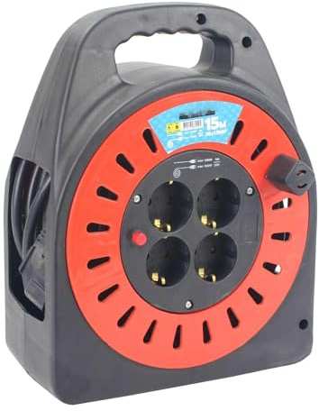 Prolongador eléctrico - 15 m, 3 tomas, cable de 1,5 mm², enrollacable para fácil almacenamiento, ideal para uso en exteriores y doméstico.*
