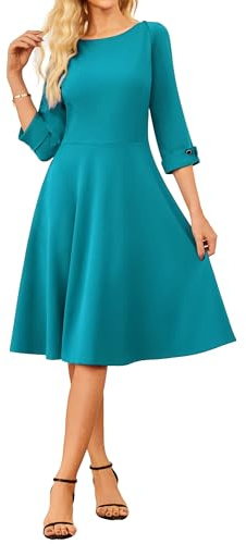 GRACE KARIN Elegante vestido de cóctel midi para mujer, manga 3/4, cuello barco, línea A, vestido de verano, azul verde, L