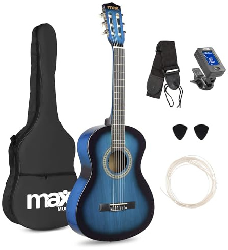 MAX SoloArt Junior guitarra acústica clásica infantil 3/4 para principiantes de 8 a 12 años, cuerdas de nailon, madera de tilo, set con funda, afinador, correa, púas y cuerdas extra