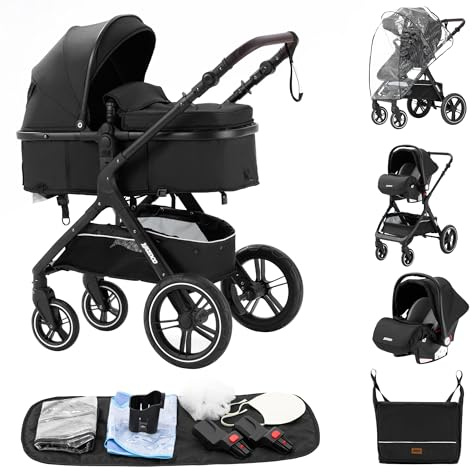 ALYIKOU Carrito Bebe 3 en 1, Carro Bebe 3 Piezas con Empuje Reversible de Dos Vías, Cochecito Bebe 3 Piezas con Estructura de Aleación Aluminio, Coche Bebe 3 en 1 Recién Nacidos,negro