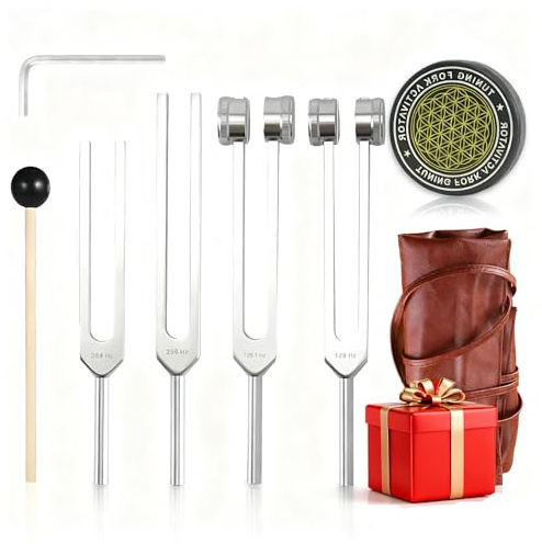 Leopacat Lot de 4 diapasons pour la guérison, ensemble de 4 diapasons lestés pour guérison des chakras 128 Hz, 256 Hz, 384 Hz, 136,1 Hz en alliage d'aluminium avec sac de rangement en cuir, adapté