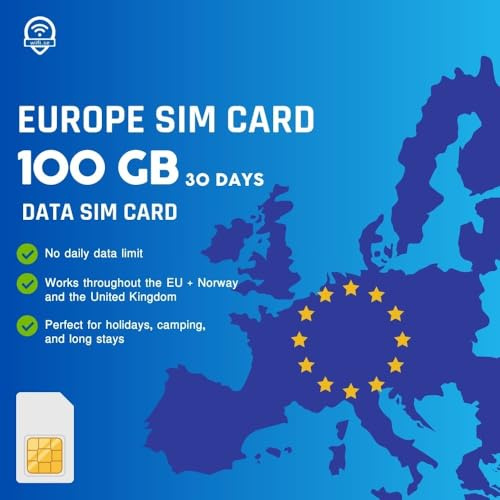 Carte SIM Roaming Europe avec 5G et grand volume de données. Activation flexible, fonctionne dans l'UE, au Royaume-Uni et non. Comprend deux cartes SIM. Sans limite quotidienne. Valable pour 30 jours