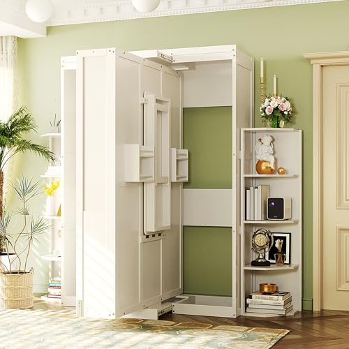 VilroCaz Rotating Queen Murphy Bed with Hidden Wall Cabinet, 3-Tier Side Shelves, Convertible Desk, Extra Storage Racks, Space-Saving Multifunctional Wood Wall Bed for Home Office (White-12.10)