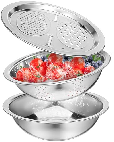 Multifunctional Stainless Steel Wash Basin with Drain Basket & Built-in Shredder Slicer - 10x10x2.7 Inch Kitchen Colander for Efficient Fruit & Vegetable Washing and Draining