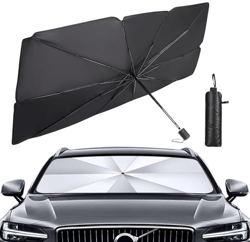 Parasol Coche Parabrisas 140x80 cm,Parasol Plegable Tipo Paraguas con Protección UV y Anti Calor,Protector Solar Reflectante para Auto, Universal para SUV,Camión y Sedán,Fácil de Instalar y Guardar