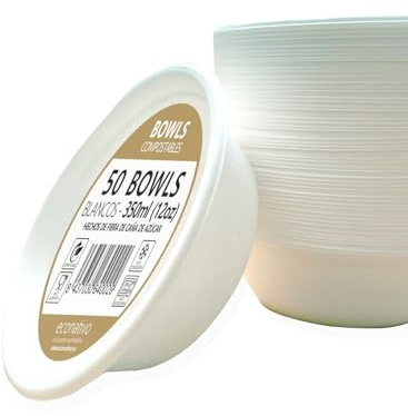 Econativo Cuencos Desechables 350 ml (12 oz) – Pack 50 – Bowls Compostables de Caña de Azúcar – Resistentes, Antifugas y Biodegradables – Para Sopas, Postres y Comida Caliente