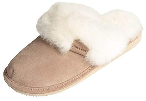 Hollert Leather Lammfell Hausschuhe - Malibu Damen Pantoffeln Fell Schuhe, Beige/Weiß, 41 EU