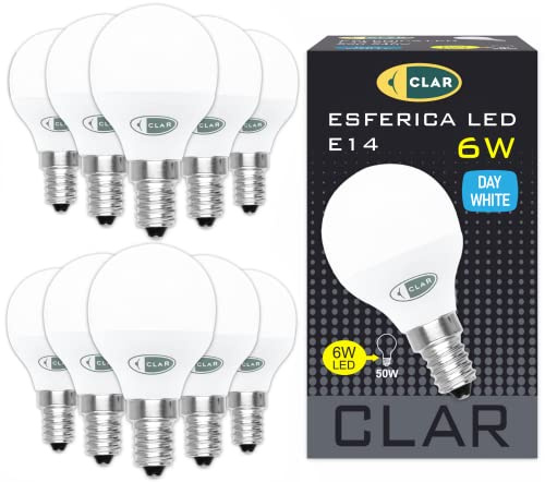 CLAR – Bombilla LED E14 6W 4000K, Casquillo Fino, Luz Neutra, Bajo Consumo, Pack de 10