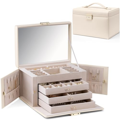 Vlando BAROCKES Schmuckkästchen Damen Leder, Schmuckkasten Groß mit 4 Ebenen, Abschließbare Schmucschatulle für Frauen, Schmuckaufbewahrung mit Schubladen für Armbänder, Ohrringe, Ringe, Ketten