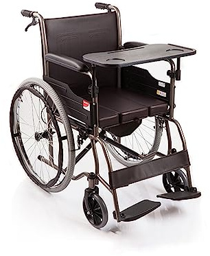 Sedia a rotelle manuale pieghevole Comoda per sedia a rotelle da trasporto multifunzionale leggera con vassoio rimovibile Tavolo Bagno Doccia Sedia da toilette per anziani disabili