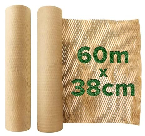 Honeycomb Sustainable thick Paper Packaging Roll 38 cm x 60 M with Fragile Sticker, Eco-Friendly Brown Craft bubble wrap cushioning for Breakables, Packing, Shipping, Moving House, Gift, Made in UK