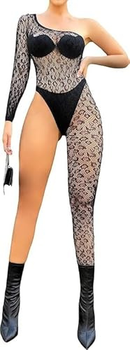 ELEGANT LAM Body de malla de red para mujer, mono de una pieza, lencería exótica sexy, lencería de peluche, ropa de dormir, Negro -, Talla única