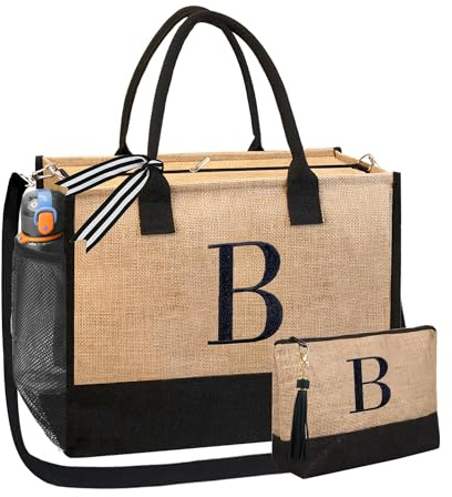 BeeGreen Personalized Gift for Women Canvas Top-Leather Handle Handbags Tote Bag for Mom Friends Grandma Birthday Wedding, Brown, L, Shoulder Strap Embroidery B