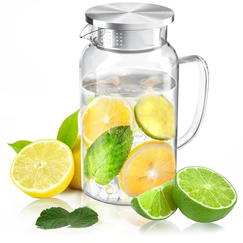 Arendo Jarra de vidrio con tapa de acero inoxidable de calidad alimentaria, vidrio de borosilicato 1,4L jarra de vidrio para agua, jarra de vidrio para bebidas, té helado agua caliente zumo café vino