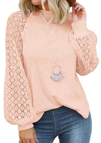 Zeagoo Femme Tee Shirt Dentelle Col Rond à Manches Longues d'automne Tunique Dentelle Blouse Blouse Amples