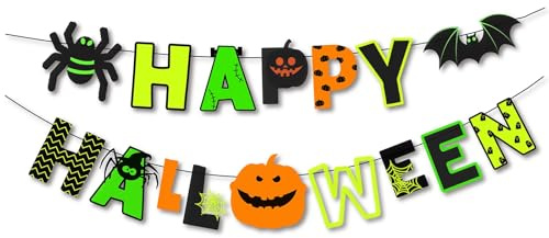 Drapeau à tirer pour Halloween - Bannière fluorescente - Bannière citrouille d'Halloween - Décoration à suspendre - Accessoires d'Halloween - Décoration de maison hantée - Fournitures d'Halloween -