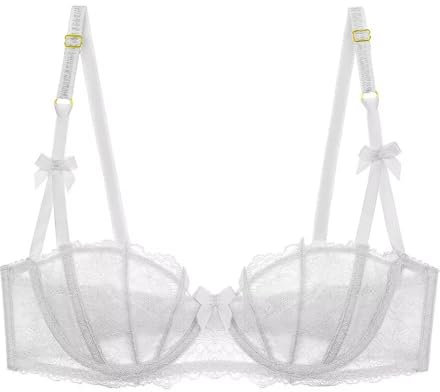 Sexy Lace Push Up Bra for Women Underwire Non Padded Half Cup Plus Size See Through Bras S-XL(D238BB,White,XL)
