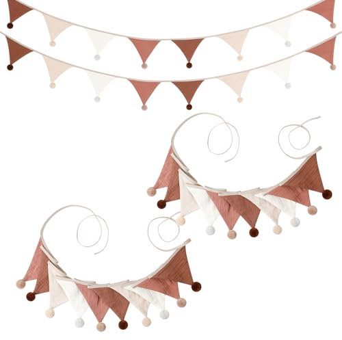 AiQInu Bandierine Triangolari con Piccolo Pompon, Bandierine per Cameretta dei Bambini, per Bambini Camera Baby Showe Camera da Letto (Colore beige-caffè)