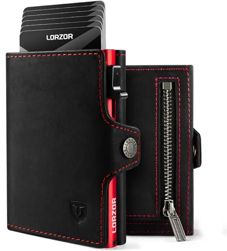 LORZOR® Slim Wallet mit Münzfach, Geldbörse aus Echtem Leder für Herren, RFID Blocker Portemonnaie, Kartenetui, Geldbeutel für 10 Karten, Smart Wallet (Rot)