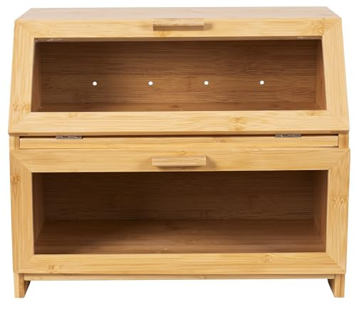 Woodluv Bread Bin, Wooden Double Layer Bread box Countertop, Large Capacity Multi-Purpose Kitchen Storage Organizer for Bread, Pastries & Snacks, Natural