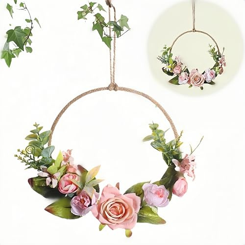 HJYDGJ Guirnalda de pared de metal floral con flores artificiales, orquídeas, decoración de puerta, decoración de primavera, anillo de metal, corona de eucalipto, guirnalda para puerta, guirnalda