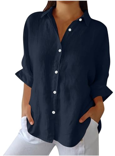 Chemise Femme D'éTé Haut Chic Et ÉLéGant Coton Lin T-Shirt Manche Longue Col en V Chemisier Tops avec Boutons DéContractéS Ample Blouse Lâche Respirant Chemisiers et Blouses Grande Taille Soldes