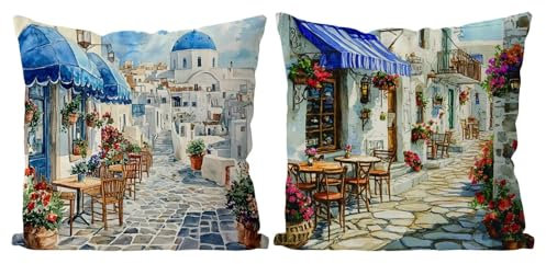 Coussin Exterieur Peinture Housse de Coussin Lot de 2 Petite Ville Coussins Canape Taie Oreiller 45x45 Doux Carré Housse de Canapé Coussins d'extérieur pour Decoration Chambre,Canapé,Chaise T4-963