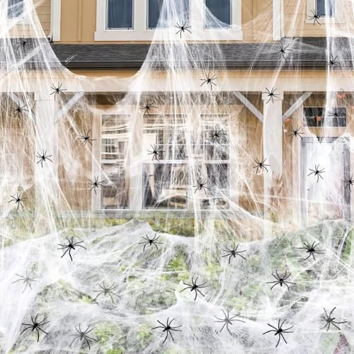 Augesak Decorazione Halloween Ragnatela 200g Ragnatele Decorazione di Halloween per Esterni con 50 Ragni Neri Decorazioni Realistica di Ragnatela per la Festa di Notte Horror Decorazioni