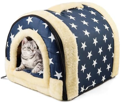 QUTHZZHY Katzenhaus Indoor, Warmes Höhlennest Katzen, 2-in-1 Katzenhaus für Drinnen, Katzenbett Höhle Hundehöhle mit Abnehmbarem Kissen, Waschbar, für Katzen & Kleine Hunde, 37x32x30cm