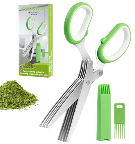 ccraowo 2025 Herb Scissors Set - Classic green 5-Blade Design with Cover and Comb - Skin-Friendly Handle for Comfortable Grip - Dishwasher Safe, Rust-Resistant Stainless Steel for Fresh Herbs