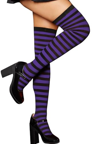 RSLOVE Calze autoreggenti da donna a righe, calze alte sopra il ginocchio, collant per Halloween, Nero viola, Taglia unica