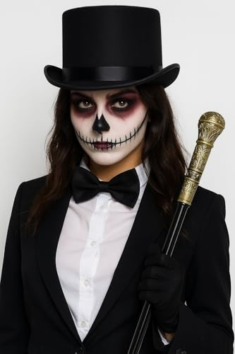 labreeze Women's Black Top Hat, Bow Tie and Gold-Topped Cane Set, Halloween Costume Accessories for Cabaret, Stage Shows and Themed Parties