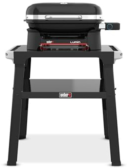 Weber Lumin Compact Kompakter Elektrogrill mit Standfuß, Bis zu 315 °C, mit Deckelthermometer, Porzellanemaillierte Gusseisenroste, 43 x 32 cm Grillfläche, Schwarz (1501653)