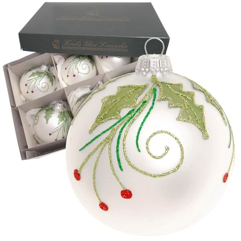 Kräftan, glas, lauscha, julgranskulor Ilex och bär silverfärgade 8 cm – set om 6 – munblåsta och handgjorda – ädla glasornament med röda bär och glitter – exklusiva julgranskulor