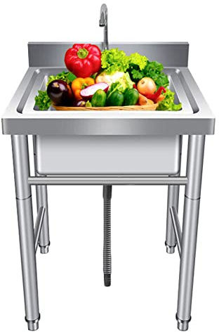 Lavello autoportante in acciaio inox con rubinetto, di grado commerciale, vasca singola per lavanderia, garage, ristorante e lavanderia (argento, 60 x 80 cm)