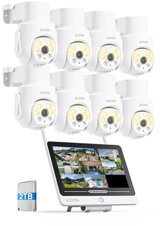 ZOSI Kit Cámaras de Vigilancia WiFi-6 Exterior 8X 5MP Cámara Seguridad IP con 8CH 4K NVR 2TB HDD y 12'' Monitor, 360° Pan y Tilt, Detección y Seguimiento de Persona, Audio Bidireccional
