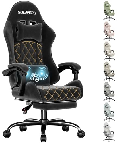 SOLAVERO Silla Gaming de Tejido de Antelina, Silla Gamer Ergonómica con Soporte Lumbar Masaje, Sillón Gamer con Reposapiés Telescópico, Capacidad 150KG, Cadeira Gaming Negro
