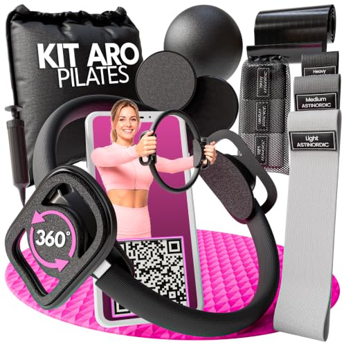 ASTINORDIC Kit Pilates en Casa 6 en 1 + Guía de Ejercicios con Aro Pilates, Pelota, 3 Bandas de Resistencia, Banda Elástica Larga, Discos Deslizantes