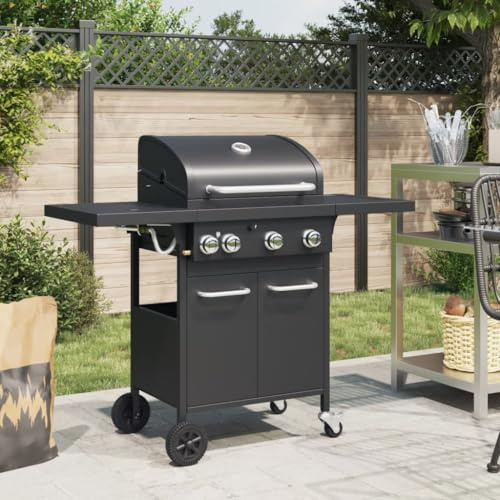 QUAHEAS Barbecue a gas con 4 fuochi, in acciaio verniciato a polvere, nero, 126,5 x 55,5 x 109 cm, con accensione piezoelettrica, grande griglia e ripiani laterali per giardino, balcone, terrazza